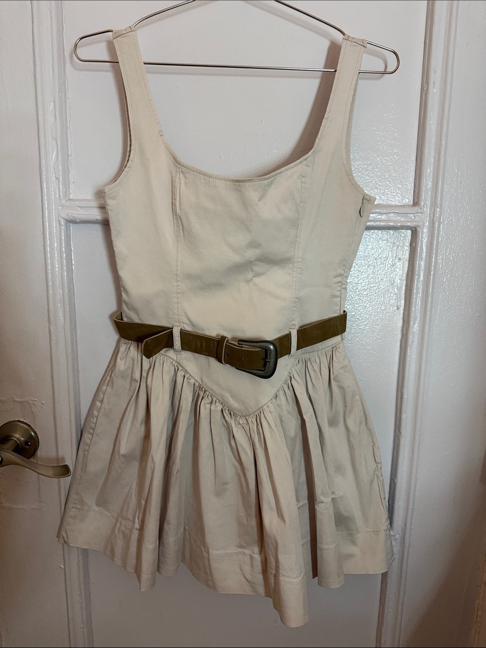 Zara Cream Mini Dress with Olive Belt
